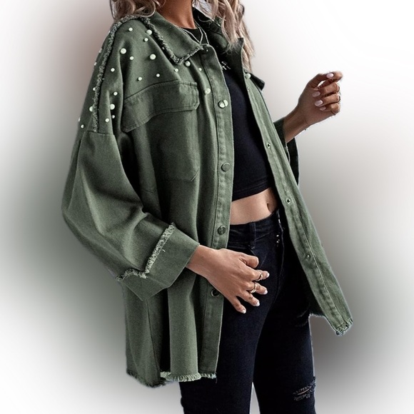 NWOT - La La Factory | army green | raw edges | accent faux pearls | Size Small - Picture 5 of 7